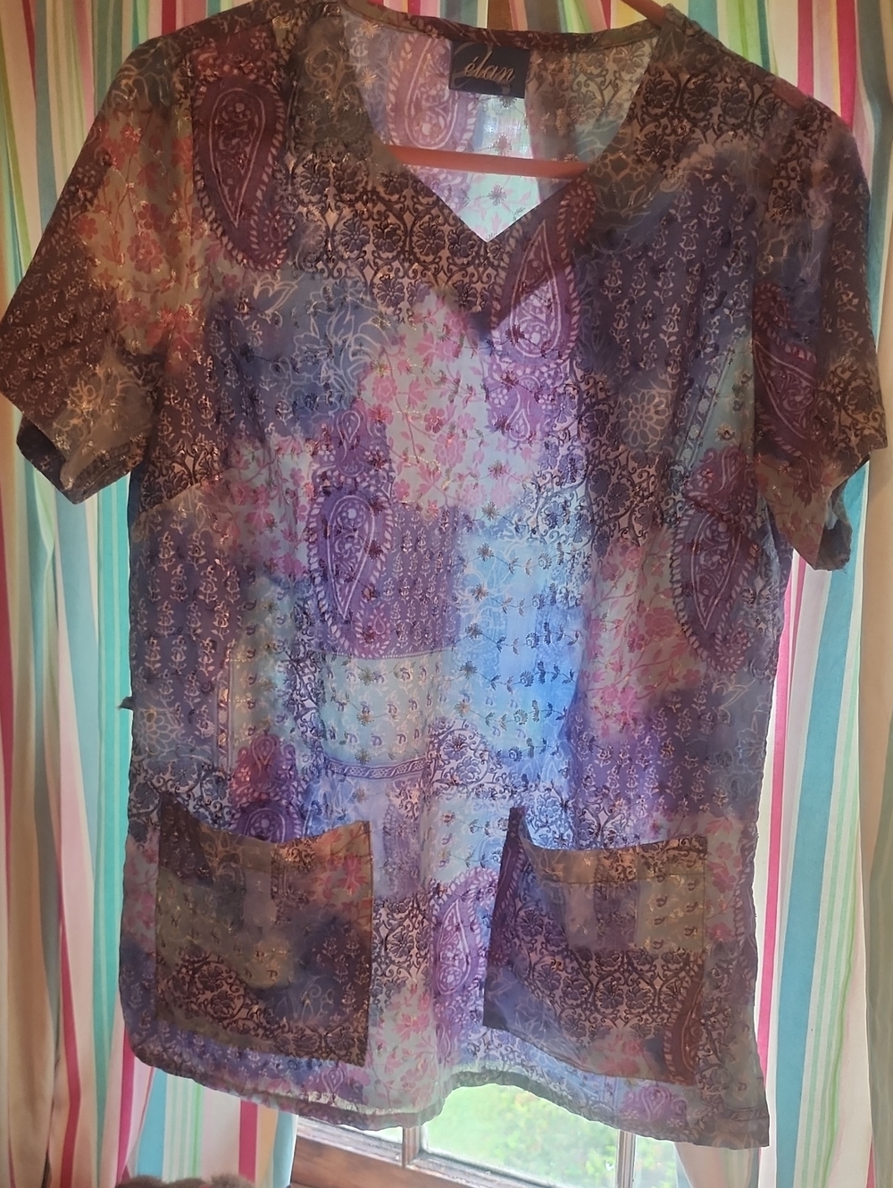 Womens Scrub Top Elan Purple Multicolor Patchwork V-Neck Top